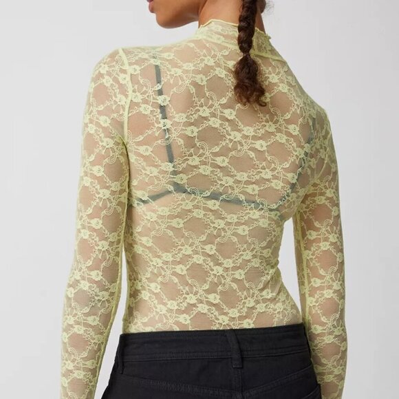 NWT UO Out From Under Luna Sheer Lace Lime Green Mock Neck Top - Picture 2 of 5